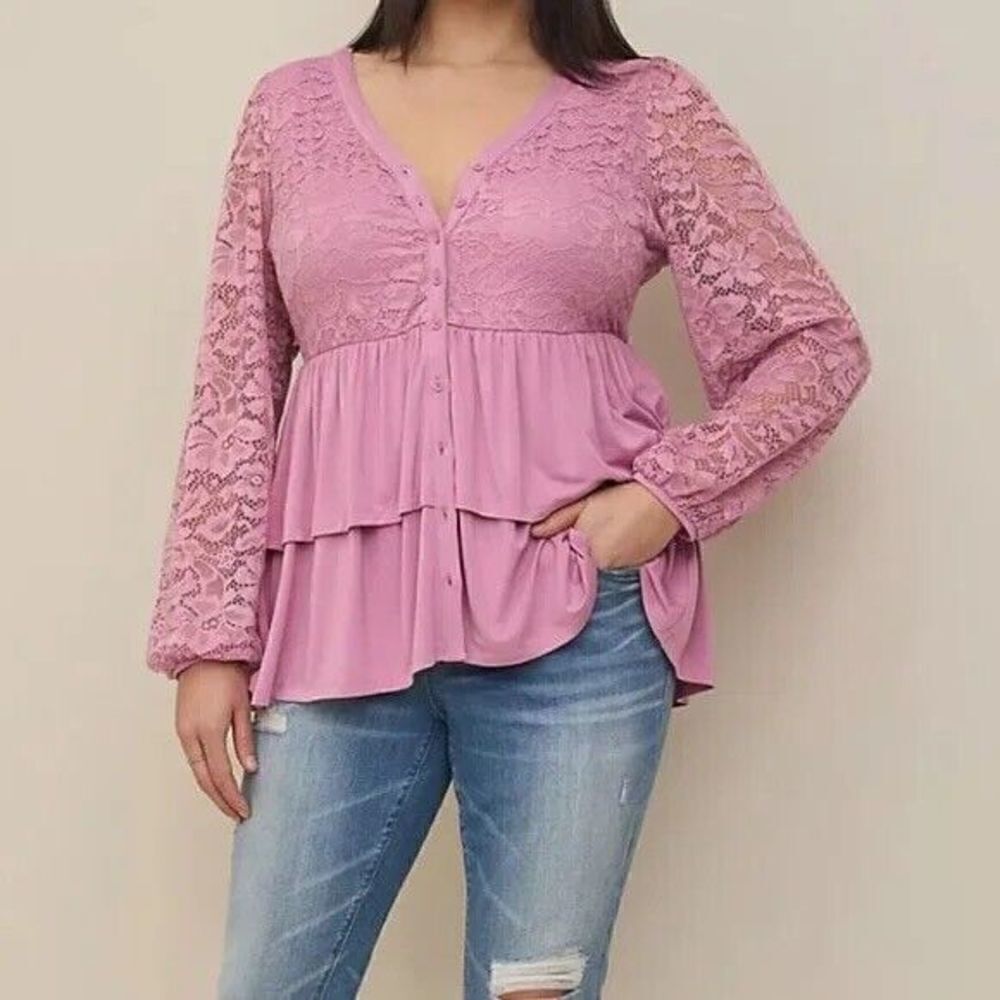 Torrid Womens Pink Long Sleeve Lace Pink Trimmed Button Front Tiered Blouse 2X